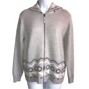Aztec Tribal Print Gray & White thick full zip hooded sweater est size M in EUC